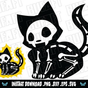 May include: Black and white graphic of a cat skeleton. The cat has a skull-shaped head and visible rib cage. A smaller version of the cat is in a yellow burst. The text "INSTANT DOWNLOAD.PNG.DXF.EPS.SVG" is at the bottom.