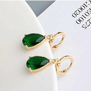 18K Gold Plated Emerald Teardrop Hoop Earrings with CZ Dangles - May Birthstone Womens Birthday and Christmas Gift