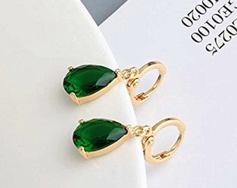 18K Gold Plated Emerald Teardrop Hoop Earrings with CZ Dangles - May Birthstone Womens Birthday and Christmas Gift