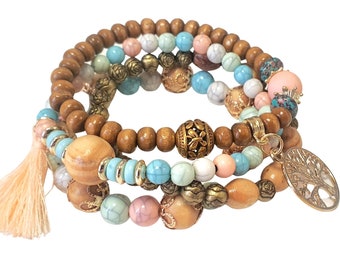 Joyería de verano/Pulseras con cuentas de madera bohemias para mujer, conjunto de pulseras con borlas elásticas multicapa, dije de árbol de la vida, brazaletes llamativos de amor