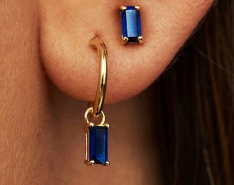 Boucles d'oreilles pendantes saphir bleu plaqué or 18 carats, cadeau d'anniversaire pour femme, pierre de naissance de septembre, saphir et zircone cubique