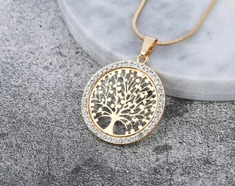 Collar de árbol genealógico Colgante de plata de ley chapado en oro Colgante de árbol de la vida Colgante de oro rosa Eternidad Collar de diamantes Joyería para siempre