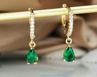 18K Gold-Plated Emerald Green Hoop Earrings with Dangling Cubic Zirconia - May Birthstone Design - Ideal Gift for Womens Birthday