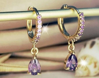 18K Gold Plated Amethyst February Birthstone Earrings with CZ Dangle - Womens Birthday or Valentines Day Gift