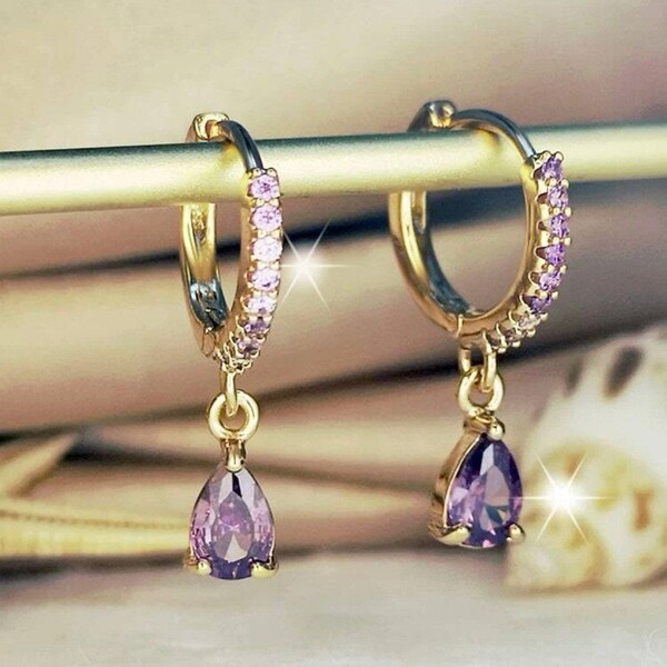 18K Gold Plated Amethyst February Birthstone Earrings with CZ Dangle - Womens Birthday or Valentines Day Gift