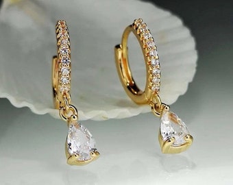 April Birthstone Hoop Earrings - 18K Gold Plated with Dangle Cubic Zirconia - Bridal or Birthday Gift for Women