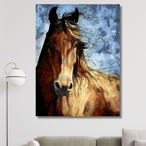 Brown Horse POSTER Wall Art, Oil Painting Horse Wall Art Poster, Art Print, Horse Wall Hangings, White Room Decor, Ready to Hang Canvas Art