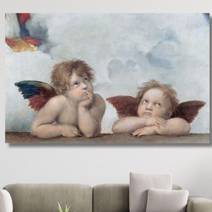 Detalle de La Madonna Sixtina de Rafael Art, impresión artística vintage de dos putti, 2 querubines alados, decoración de pared para habitación infantil o infantil