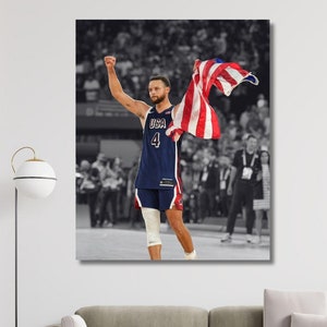 Lienzo de Stephen Curry, campeón de la selección nacional de EE. UU. 2024, listo para colgar, póster de Stephen Curry, póster de la bandera de EE. UU., lienzo de Curry listo para colgar
