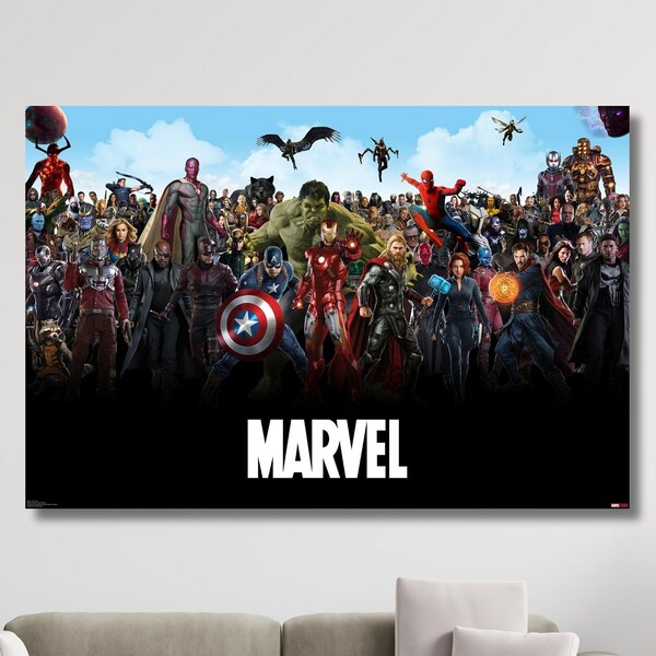 All Marvel Characters Panorama Wall Art Poster Print Movie , Avengers Movie Poster Extra Large Wall Art,Kids Room Decor ,Ready To Hang