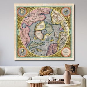 Oude platte aardekaart klaar om op te hangen canvas, 1587 door Monte Urbano poster, grote wereldkaart muurkaart, 15e-eeuwse oude kaart, platte aardekaart