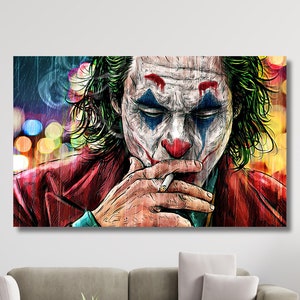Arte de parede em tela Joker, arte de parede extra grande, decoração para sala de jantar, decoração de parede para caverna masculina, arte de parede luxuosa, pôster de quadrinhos pronto para pendurar, tela enorme