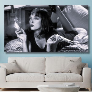 Black & White Pulp Fiction Ready To Hang Canvas, Uma Thurman Movies Poster Home Decor, Pulp Fiction Mid Century Art Retro Movie Poster Print