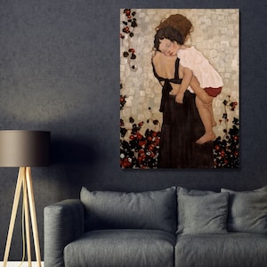 Mother and Child Canvas,The Mother and Child Canvas Wall Art,Gustav Klimt Canvas Print,Klimt Mother Decor Art,Child Wall Art,Ready To Hang