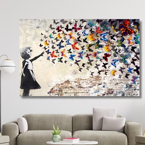 Płótno Butterfly Girl Suicide, Butterfly Banksy Girl, Płótno ścienne, Banksy Wall Art, Graffiti Print Art, Banksy Street Art, Gotowe do powieszenia