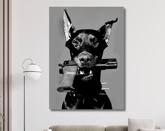 Póster de lujo con pistola Doberman, arte de pared de diseño para amantes de los perros, fotografía decorativa de primera calidad, decoración del hogar, arte de lujo con pistola Doberman
