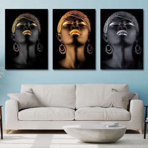 Lot de 3 oeuvres d'art murales de femmes africaines, art imprimé africain, décoration murale africaine, image imprimée art mural décoration affiche toile prête à accrocher
