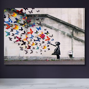 Motyl Banksy Girl Wall Art, Motyl Dziewczyna Samobójstwo Gotowy do Powieszenia Płótno, Banksy Wall Art, Graffiti Art, Banksy Street Canvas Art