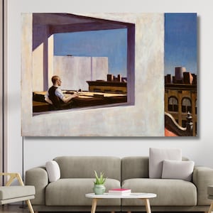 Puede incluir: Una pintura de un hombre sentado en una mesa en una habitación con una ventana que da a una ciudad. El hombre lleva una camisa blanca y una corbata oscura. La ventana está abierta y la ciudad es visible en el fondo. La pintura es de estilo minimalista con colores apagados.