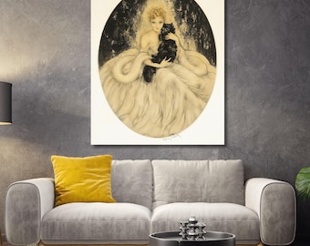 ルイ・イカールの「黒猫と女性」アールデコ版画：シックな猫好き