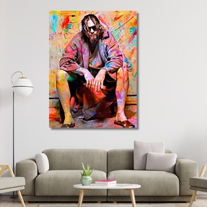 May include: A colourful abstract painting of a man wearing a robe and sunglasses, sitting with his legs crossed. The background is a mix of bright colours and splatters of paint.