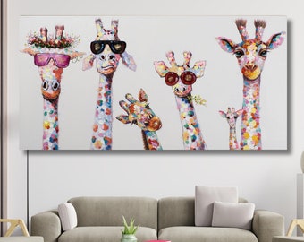 Funny Animal WALL ART and Prints Giraffe Family Graffiti Art Canvas Painting Wall Art Picture for Kids Room Home Decor