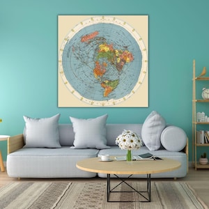 Azimuthal equidistante kaart klaar om op te hangen canvas platte aarde archiefkwaliteit kunstafdruk canvas platte aarde kaart hoge resolutie muurkunst extra