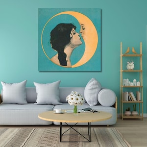 Dear Old Dixie Moon Songbook Cover Ready to Hang Canvas Print Art, Vintage Woman Kissing Moon, Vintage moon Art Print, Crescent Moon Print