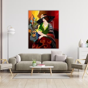 Frau in Hut von Itzchak Tarkay bereit zum Aufhängen Leinwand Qualität Druck Wandkunst Itzchak Tarkay Wand Kunst Vintage Print Art Itzchak Tarkay Poster