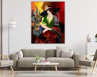 Frau in Hut von Itzchak Tarkay bereit zum Aufhängen Leinwand Qualität Druck Wandkunst Itzchak Tarkay Wand Kunst Vintage Print Art Itzchak Tarkay Poster