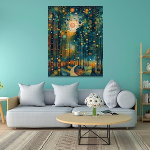 Gustav Klimt Night Village Night Ready to Hang Canvas, Klimt Moon Stars Canvas Wall Art Modern Living Room Gold Flowers Night Sky Wall Art