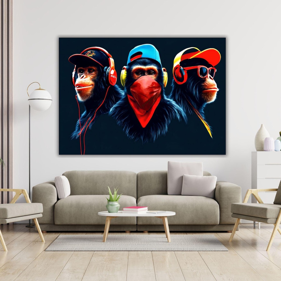 DJ Monkeys Poster, Three Monkey Wall Art,3 Monkeys Canvas Print,animal