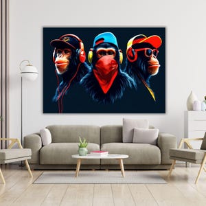 DJ Monkeys Poster, Three Monkey Wall Art,3 Monkeys Canvas Print,Animal Print Canvas,No See No Hear No Speak,Living Room Canvas,Animal Poster