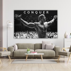 Arnold Schwarzenegger Conquer Ready To Hang Canvas, Body Building Wall Hanging, Tapestry Bodybuilding workout fitness, Arnold Schwarzenegger