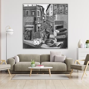 M.C. Escher Stillleben und Straße bereit zum Aufhängen Wandkunst, Maurits Cornelis Escher MC Escher Zeichnung Leinwand Druck Kunst, moderne Leinwand Wanddekoration