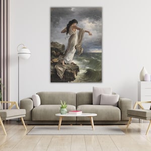 Impresión en lienzo de la Muerte de Safo de Miguel Carbonell Selva, Arte mural mitológico, Isla de Lesbos, Reproducción de arte en lienzo, Decoración moderna del hogar