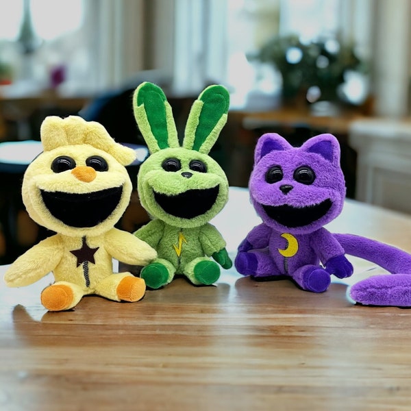 Smiling Critters Plushie - Cute Plushies - Unique Plush Toy - Purple Green Yellow Plushes - Bear Bunny Duck - Gift for Children