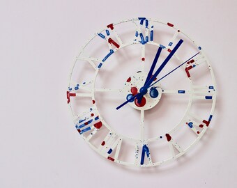 Skeleton clock- " Splat!- red and blue "- Unique hand painted design, adorn your space with this one off piece, 300mm diameter