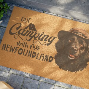Out Camping with my Newfoundland Door Mat, Outdoor Mat Gift for Camping Newfoundland Dog Lover, Cute Custom Happy Camper Newfie Dog Doormat