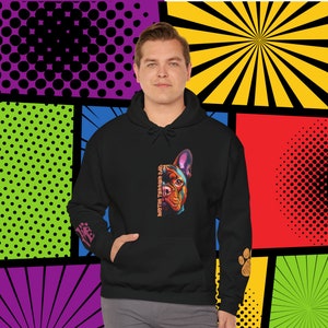 Boston Terrier Dad Love PopArt Hoodie, Comfy Colorful Cartoon Terrier Art Hoody with Cute Wrist Decals, Boston Terrier Dog Dad Gift Idea