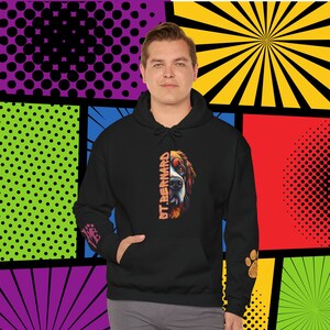 St Bernard Love PopArt Hoodie, Comfy Colorful Cartoon Bernie Dog Hoody with Cute Wrist Decals, Saint Bernard Dog Gift Idea, Bernie Dog Love