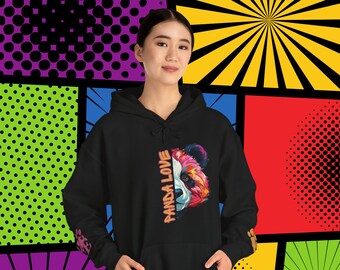 Sweat à capuche Panda Love PopArt, sweat à capuche confortable et coloré de panda de bande dessinée avec de jolis autocollants pour les poignets, idée cadeau confortable d'art de panda, adorable sweat à capuche pour amoureux des pandas