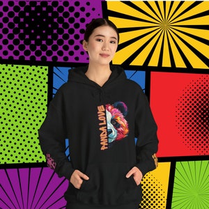 Panda Love PopArt sudadera con capucha, cómoda sudadera con capucha de panda de dibujos animados coloridos con lindas calcomanías de muñeca, acogedora idea de regalo de arte panda, adorable sudadera con capucha panda amante