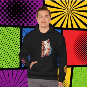 Samojede Papa Liebe PopArt Hoodie, Kuscheliger bunter Cartoon Samojede Papa Kapuzenpullover mit süßen Handgelenk Abziehbilder, Samojede Hund Papa Geschenkidee