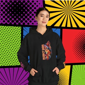 Husky Mom  Love PopArt Hoodie, Comfy Colorful Cartoon Husky Mom Hoody with Cute Wrist Decals, Husky Dog Mom Gift Idea, Husky Art Dog Mom