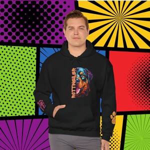 Rottweiler Love PopArt Hoodie, Comfy Colorful Cartoon Rottweiler Dog Hoody with Cute Wrist Decals, Rottie Dog Gift Idea