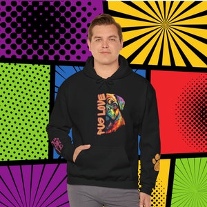 Pug Love PopArt Hoodie, Comfortabele Kleurrijke Cartoon Pug Hoody met schattige polsstickers, Pug Dog Cadeau Idee, Gezellige Pug Art Sweater