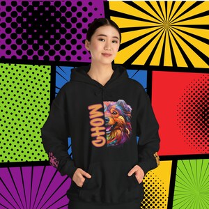 Chow Love Hoodie Gift, Comfy Colorful Cartoon Chow Hoody with Cute Paw & Love Wrist Decals, Chow Dog Hooded Sweater Present Idea, Chow Love