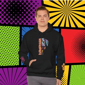 Doberman Love PopArt Hoodie, Comfy Colorful Cartoon Dobie  Love Hoody with Cute Wrist Decals, Dobermann Pinscher Dog Art Gift Idea