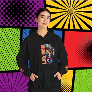 Labrador Mom Love PopArt Hoodie, Comfy Colorful Cartoon Lab Dog Mom Hoody with Cute Wrist Decals, Cozy Labrador Dog Mom Gift Idea